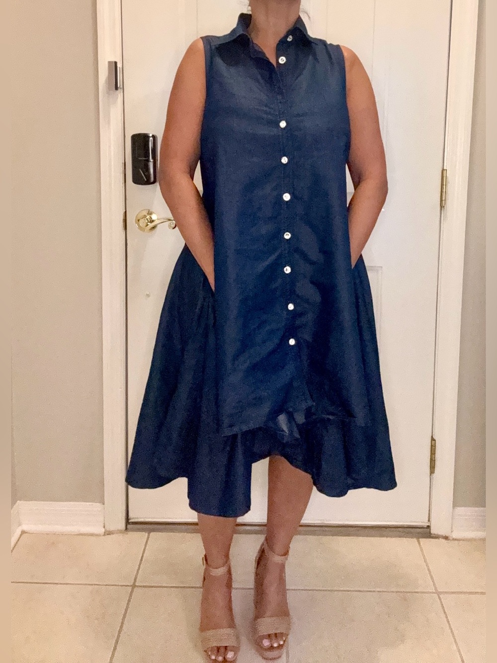 Sleeveless Navy Button-Front A-Line Dress